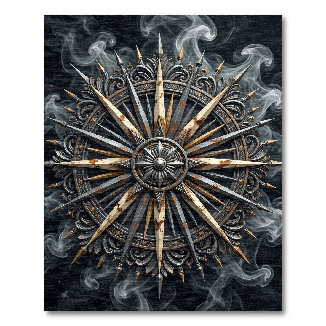Distressed Silver Gold Compass Rose Medallion Rug