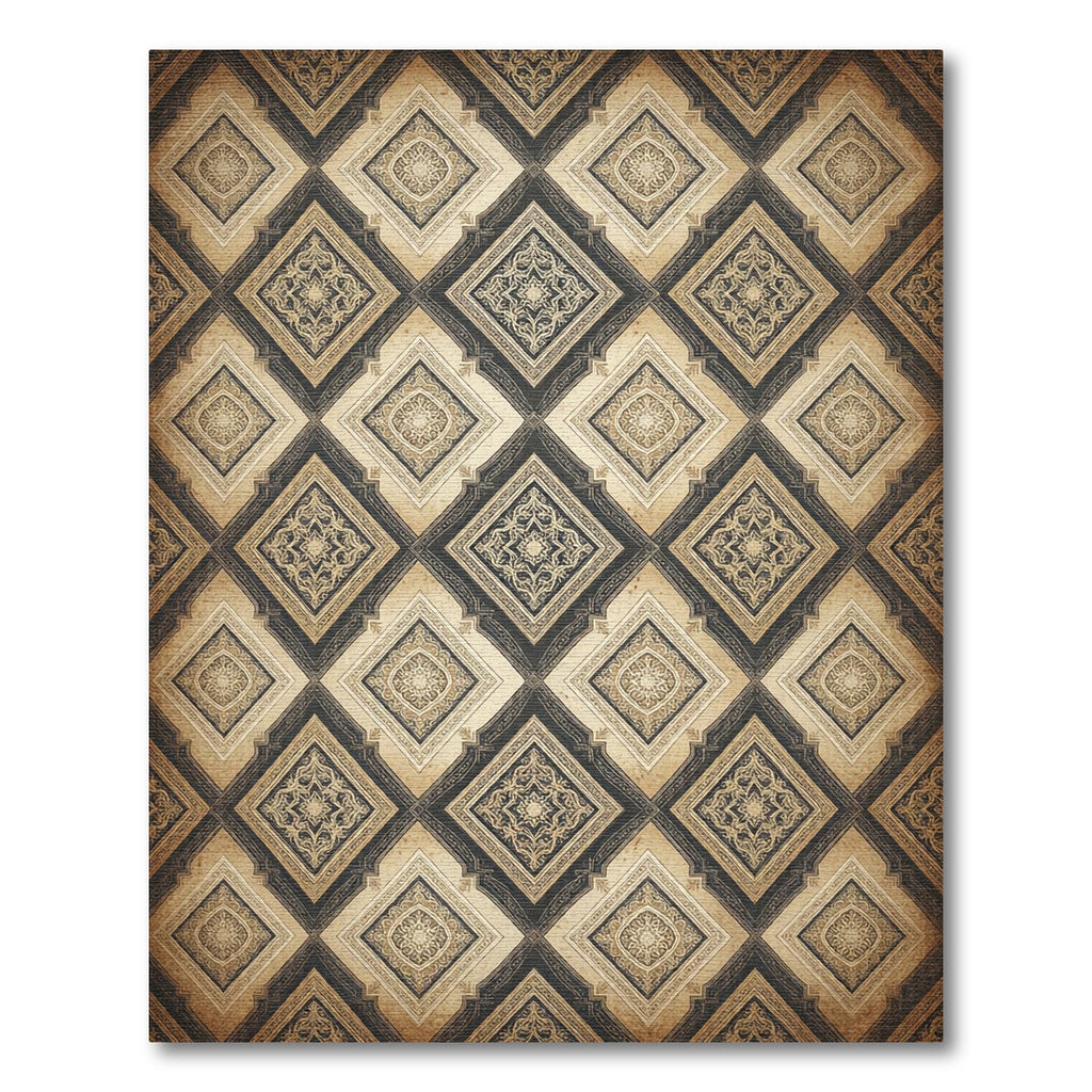 Intricate Gold and Charcoal Geometric Damask Rug