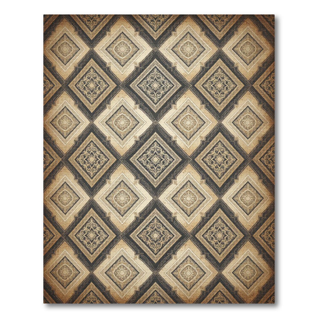 Intricate Gold and Charcoal Geometric Damask Rug