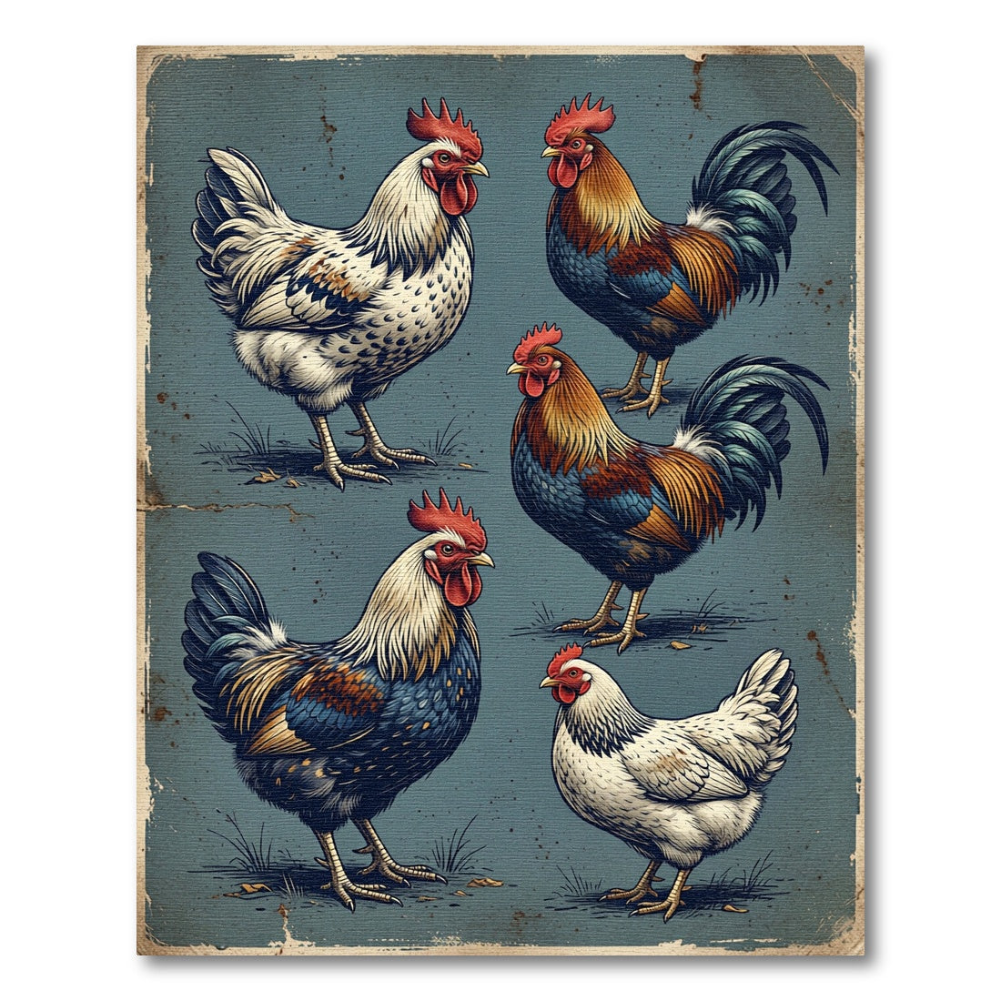Vintage Farmhouse Rooster Flock Illustration Rug