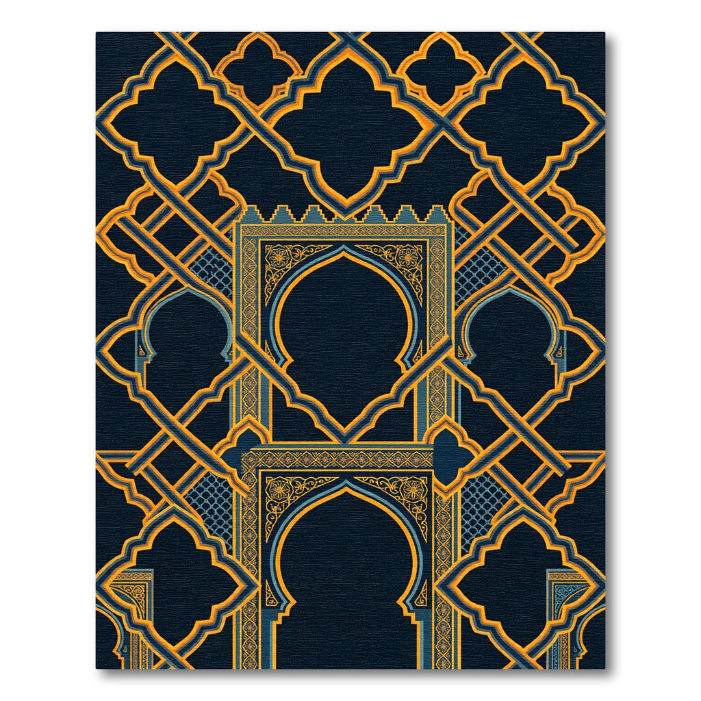 Midnight Navy Gold Arabesque Geometric Arch Rug