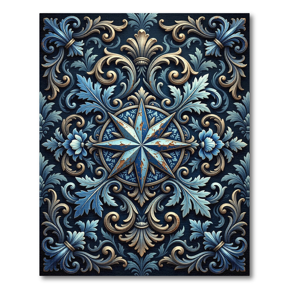 Elegant Navy Gold Compass Star Scroll Rug
