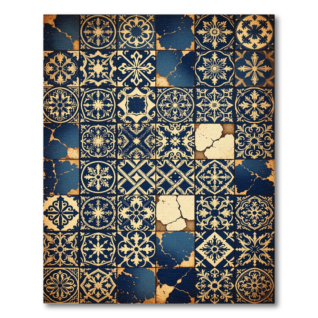 Vintage Navy Blue Floral Tile Mosaic Rug