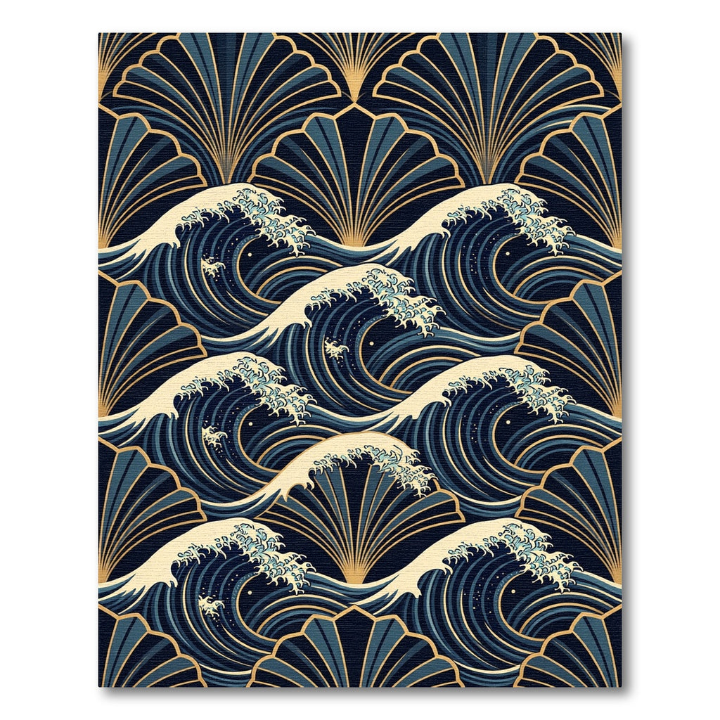 Art Deco Navy Gold Wave Fan Rug