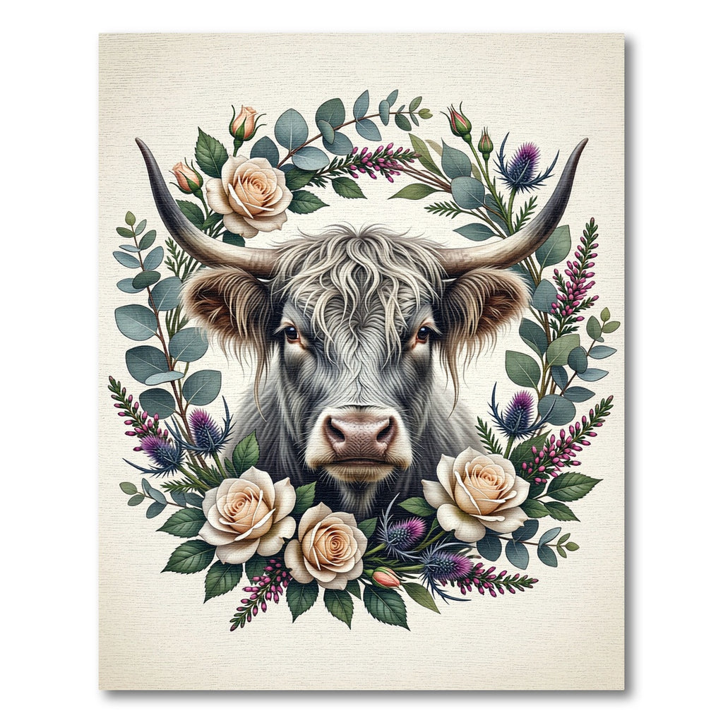 Highland Cow Floral Botanical Wreath Rug