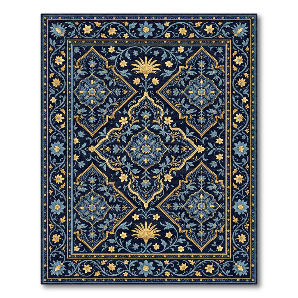 Navy Blue Golden Leaf Arabesque Rug