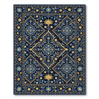 Navy Blue Golden Leaf Arabesque Rug