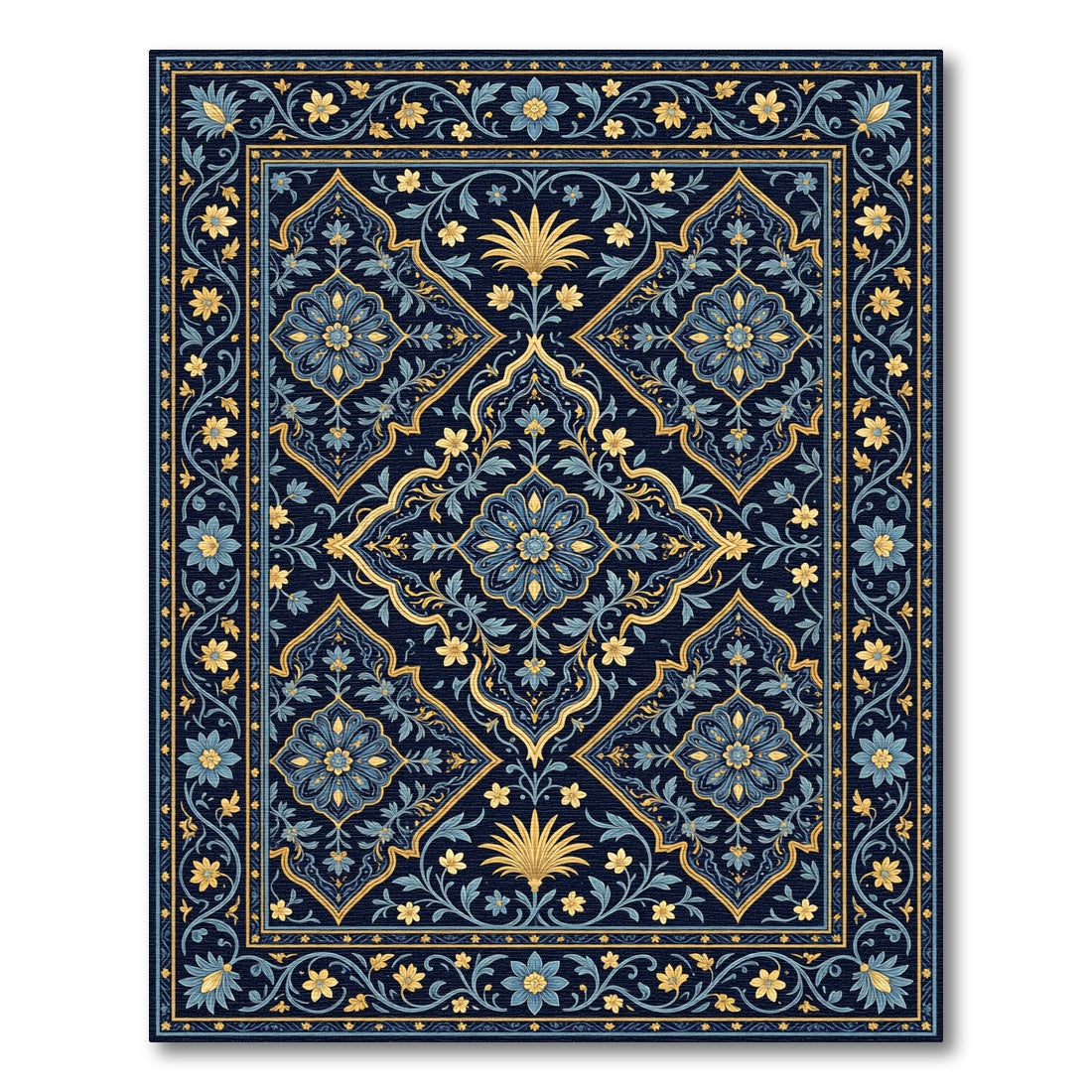 Navy Blue Golden Leaf Arabesque Rug