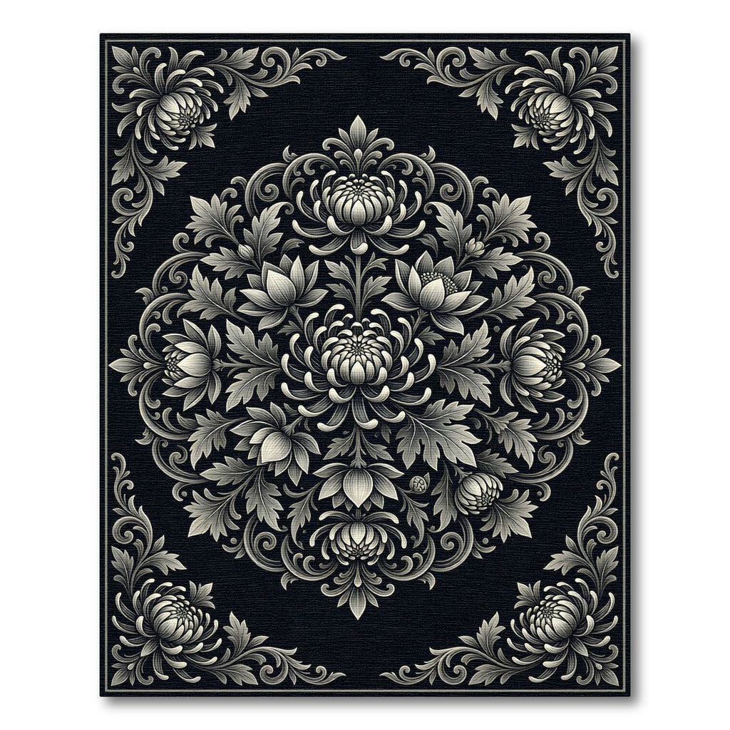 Black Gray Floral Scrollwork Medallion Rug
