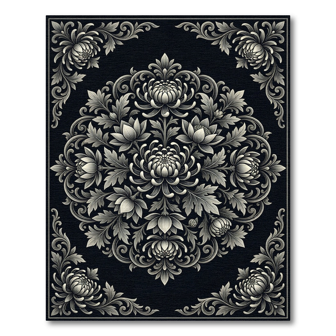 Black Gray Floral Scrollwork Medallion Rug