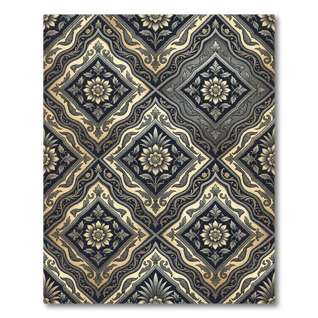 Elegant Charcoal and Gold Damask Medallion Rug