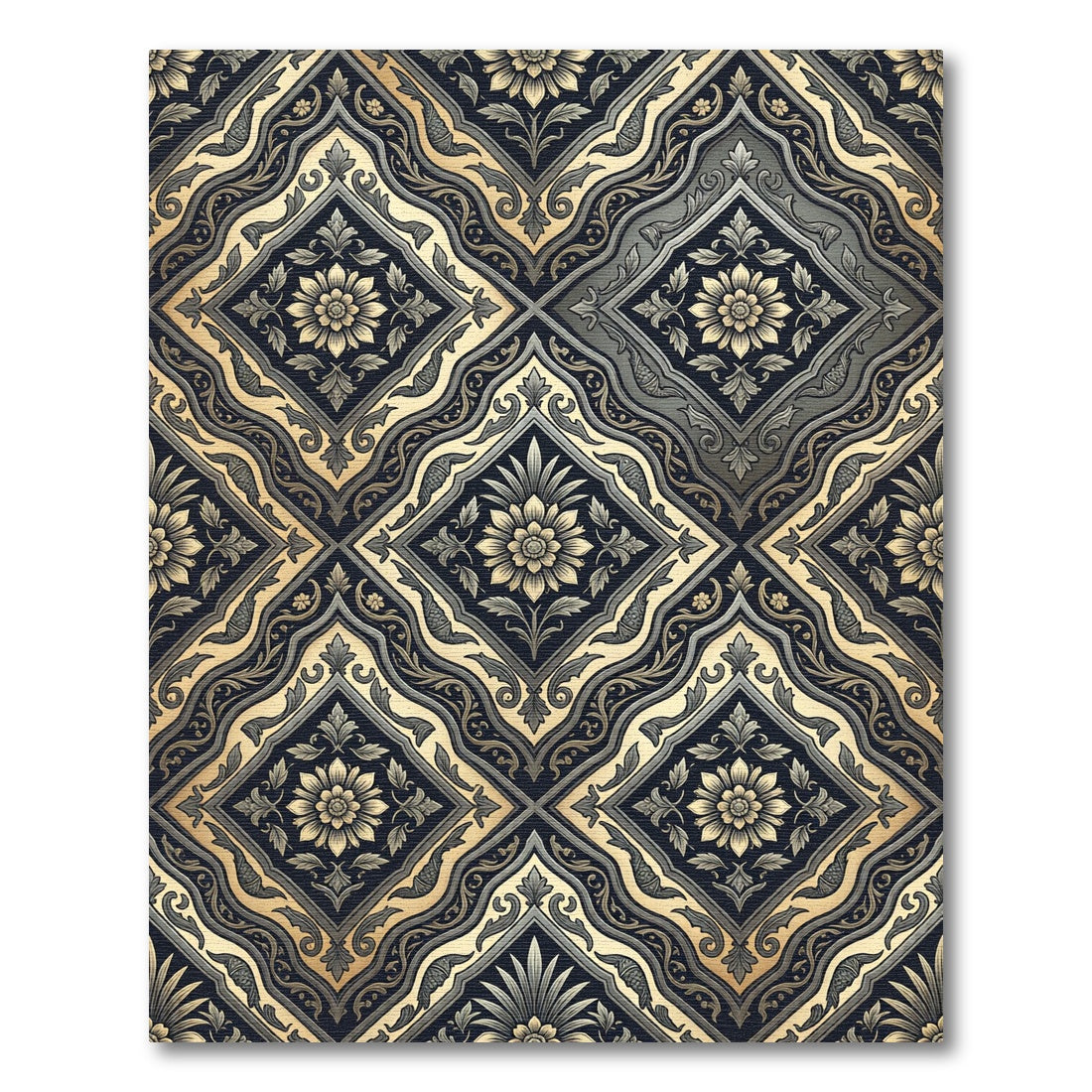 Elegant Charcoal and Gold Damask Medallion Rug