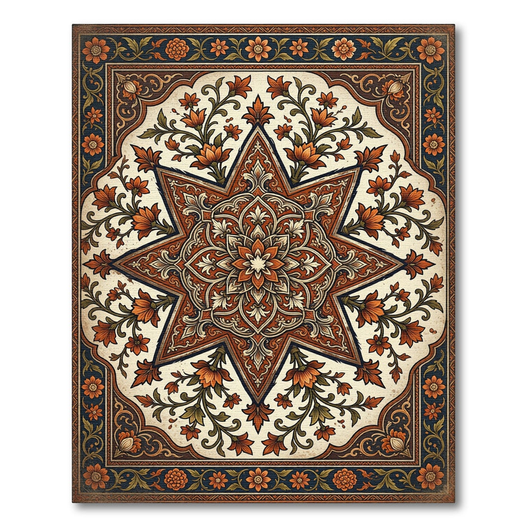Ornate Amber Floral Star Medallion Rug