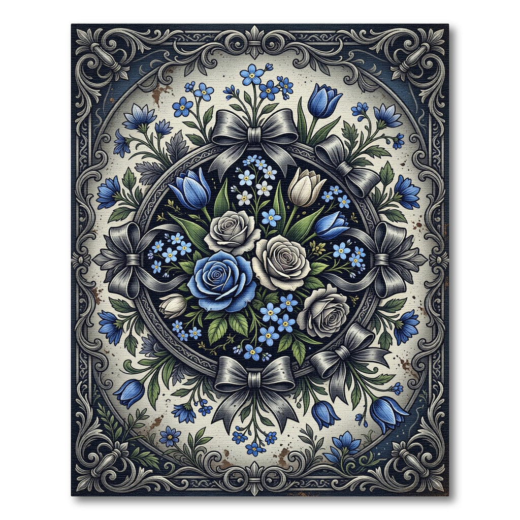 Elegant Blue Rose Floral Medallion Rug