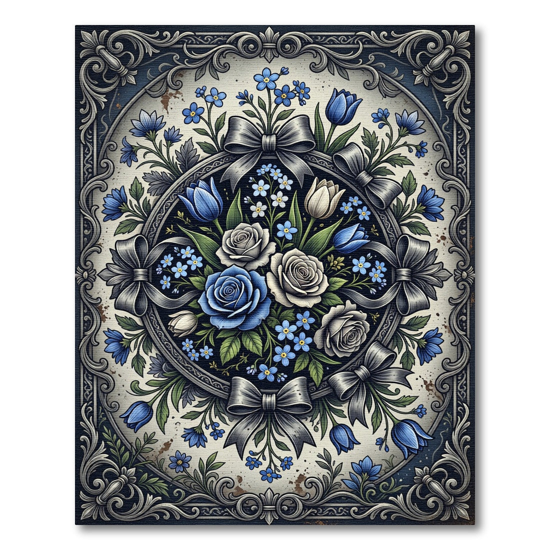 Elegant Blue Rose Floral Medallion Rug