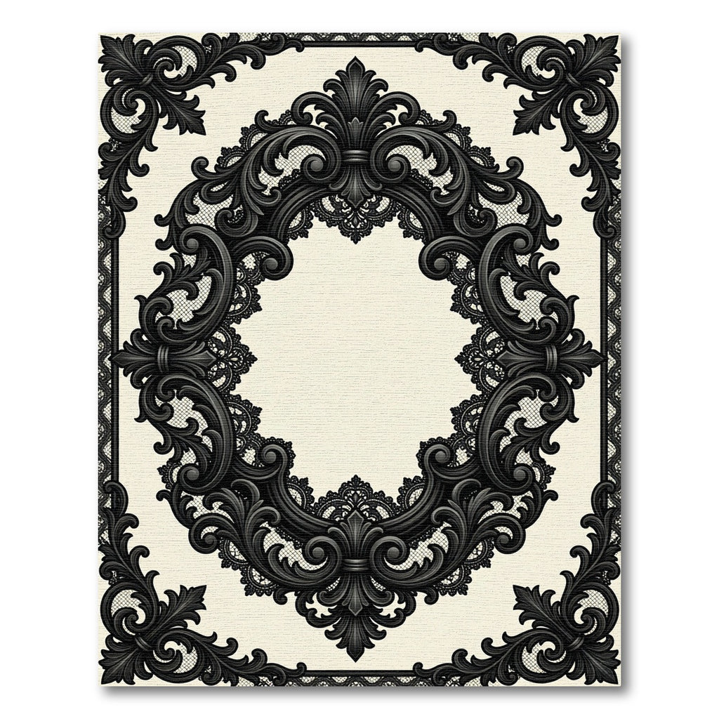 Elegant Black Baroque Lace Oval Frame Rug