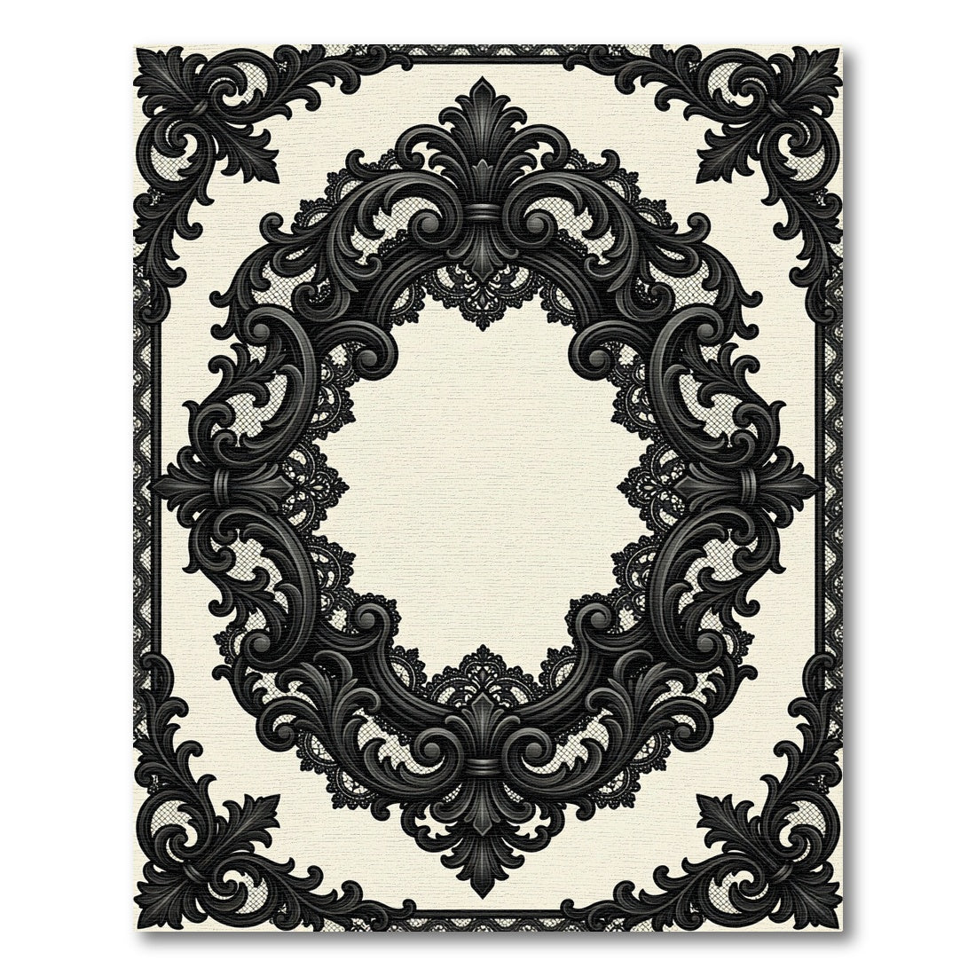 Elegant Black Baroque Lace Oval Frame Rug