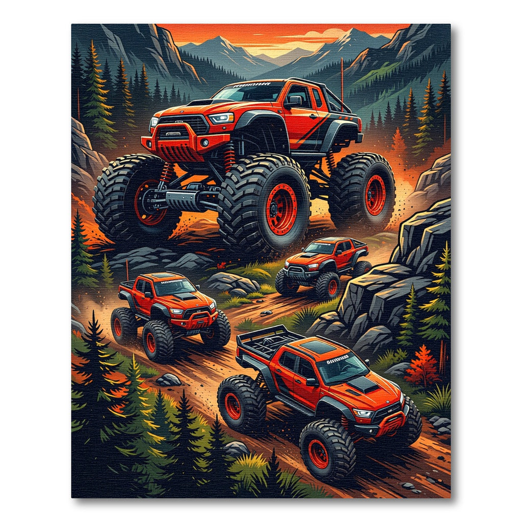 Orange Off-Road Monster Truck Mountain Scene Rug