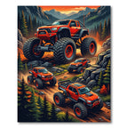 Orange Off-Road Monster Truck Mountain Scene Rug