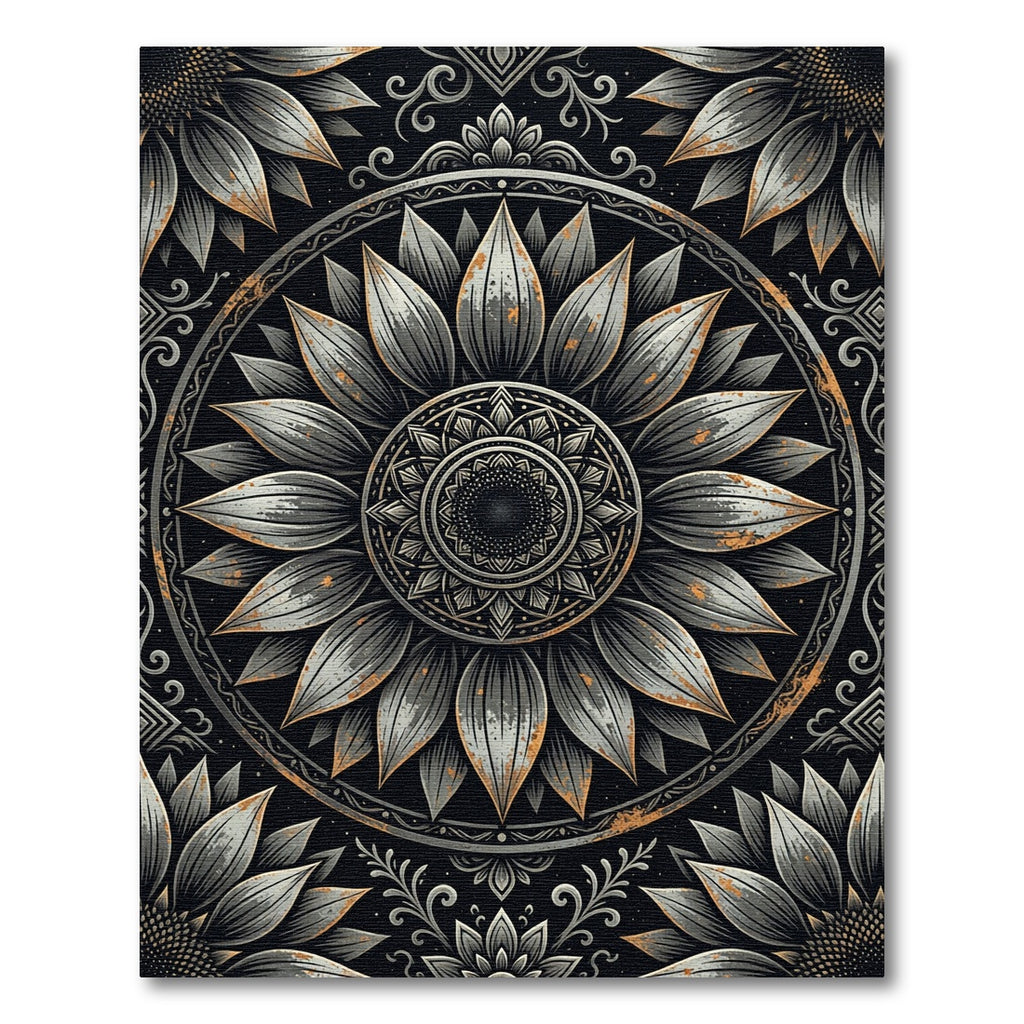 Rustic Metallic Sunflower Mandala Medallion Rug