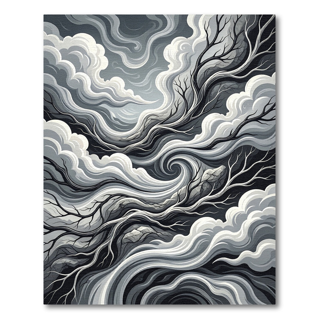 Monochrome Swirling Grove Abstract Ink Rug