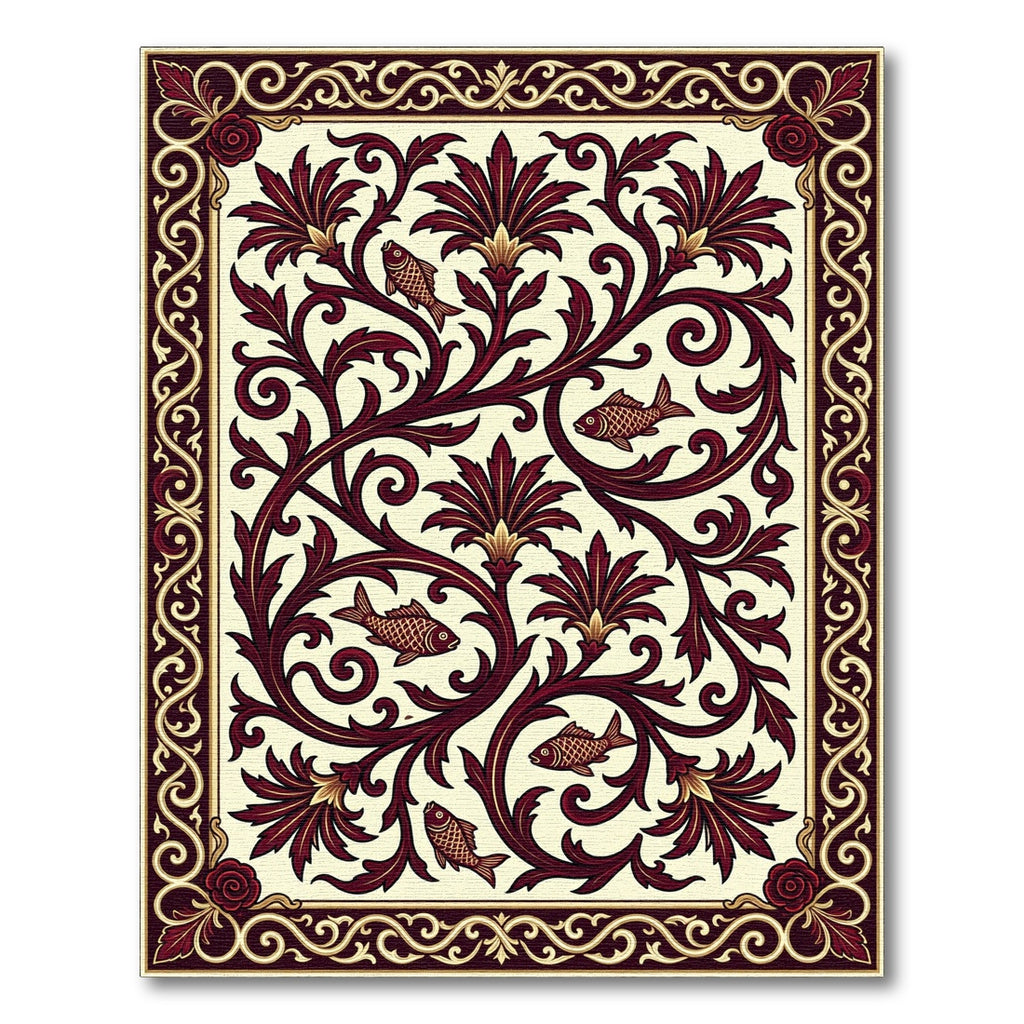 Crimson Floral Fish Vine Border Rug