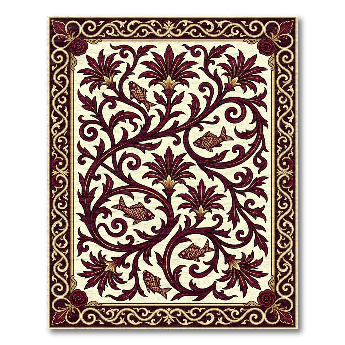 Crimson Floral Fish Vine Border Rug