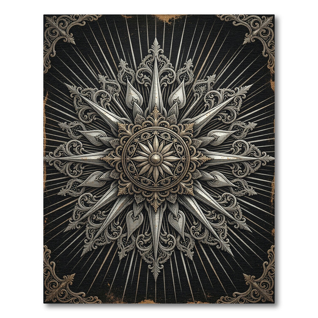 Ornamental Silver Sunburst Gothic Medallion Rug