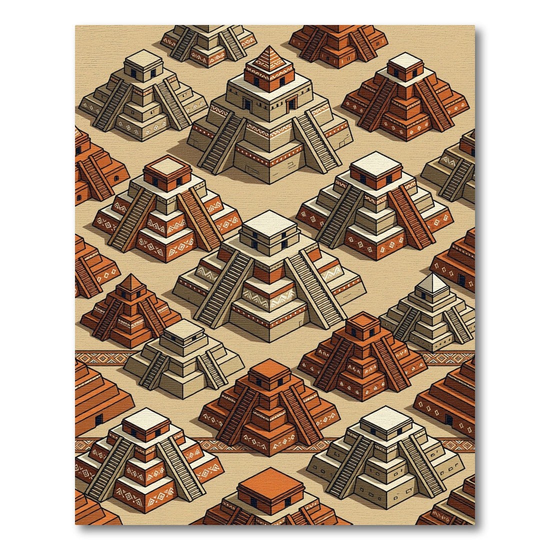 Isometric Terracotta Stone Mayan Pyramid Grid Rug
