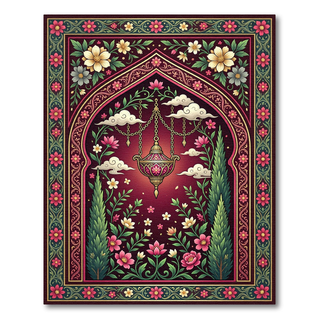 Crimson Botanical Lantern Arch Tapestry Rug