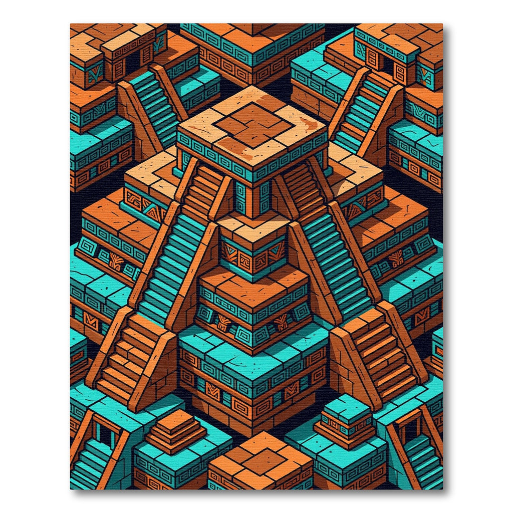 Geometric Mayan Step Temple Teal Orange Rug