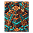 Geometric Mayan Step Temple Teal Orange Rug