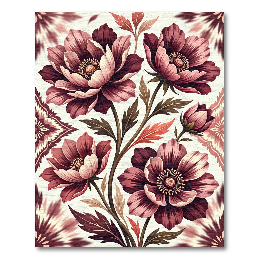 Magnificent Burgundy Bloom Botanical Medallions Rug