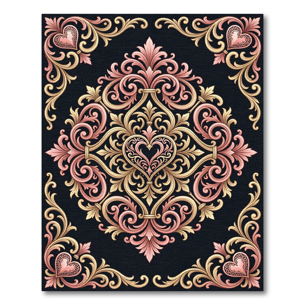 Elegant Pink Gold Heart Scrollwork Rug