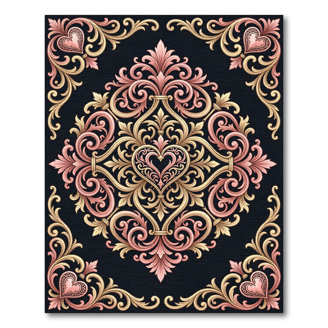 Elegant Pink Gold Heart Scrollwork Rug