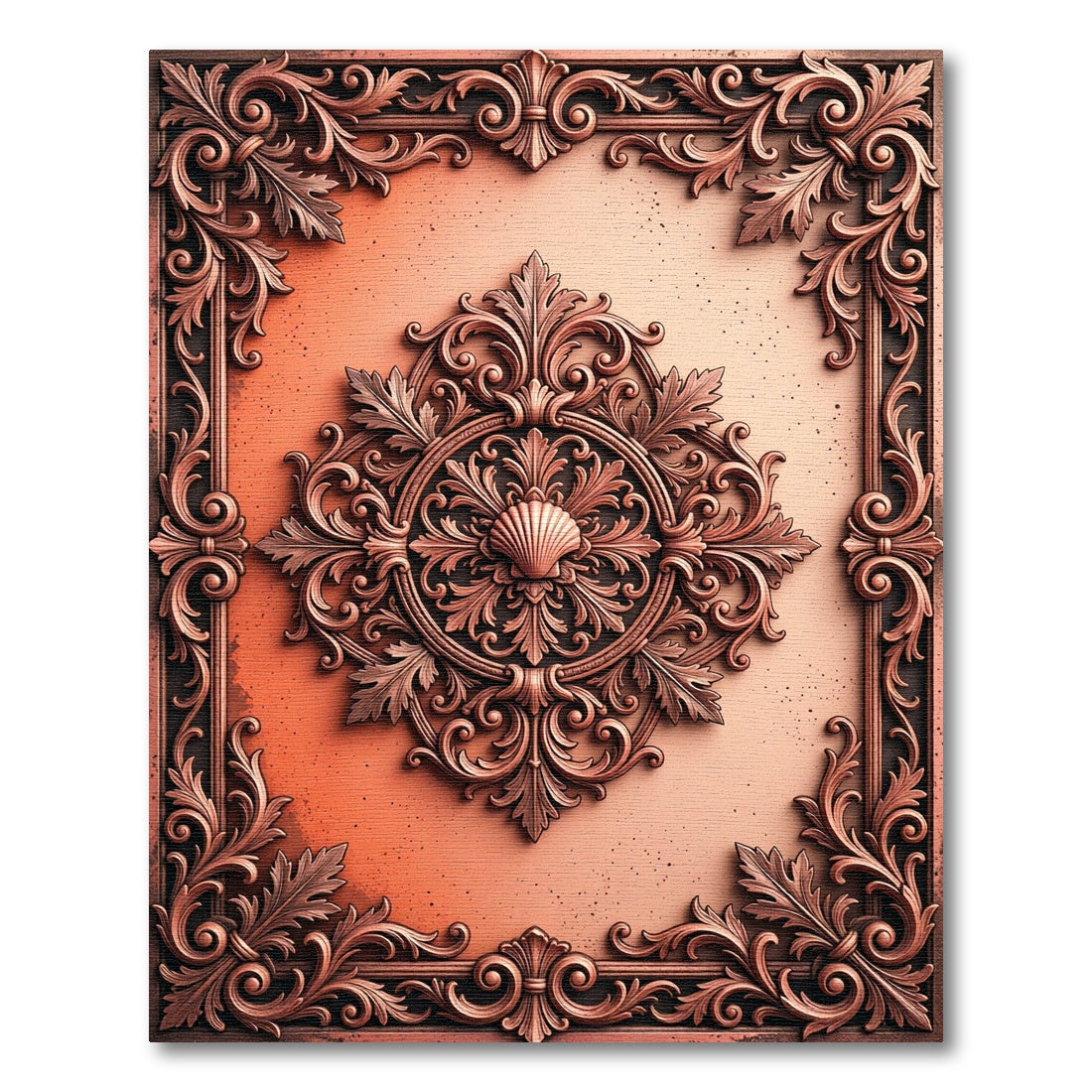 Ornate Copper Shell Scrollwork Frame Rug