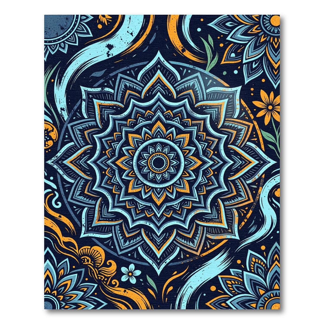 Deep Teal Orange Floral Mandala Rug