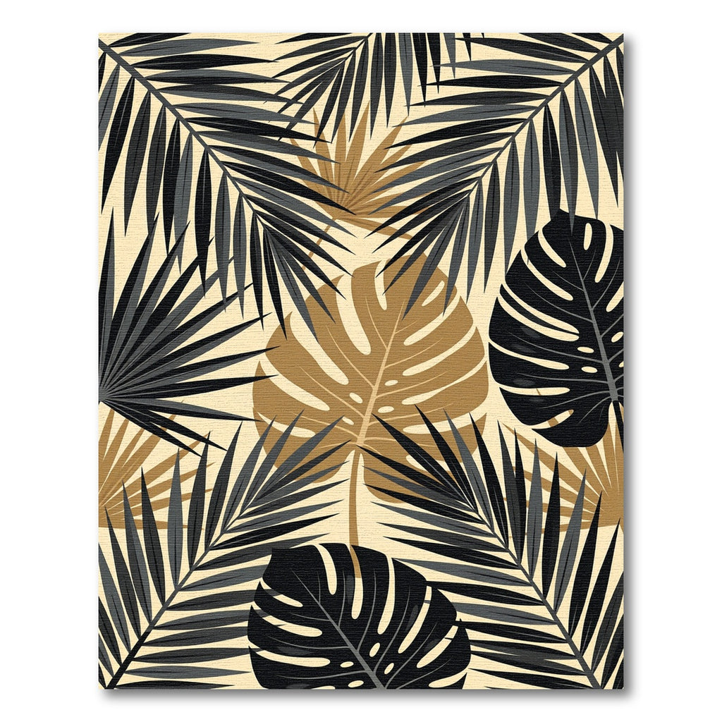 Black and Gold Tropical Palm Leaf Rug