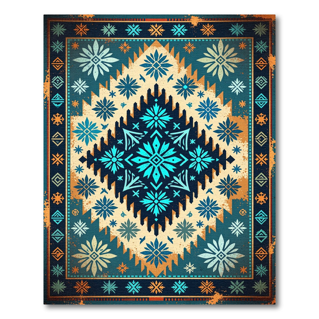 Teal Blue Geometric Floral Diamond Rug