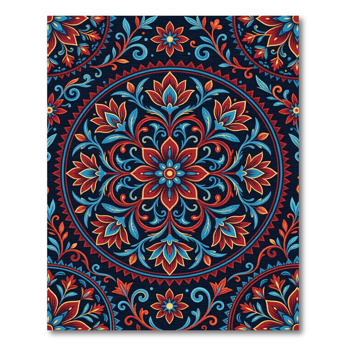 Rich Red Blue Floral Medallion Rug