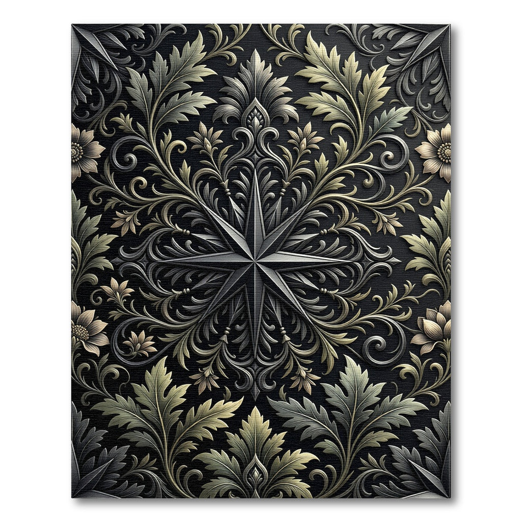 Elegant Charcoal Gold Botanical Star Medallion Rug