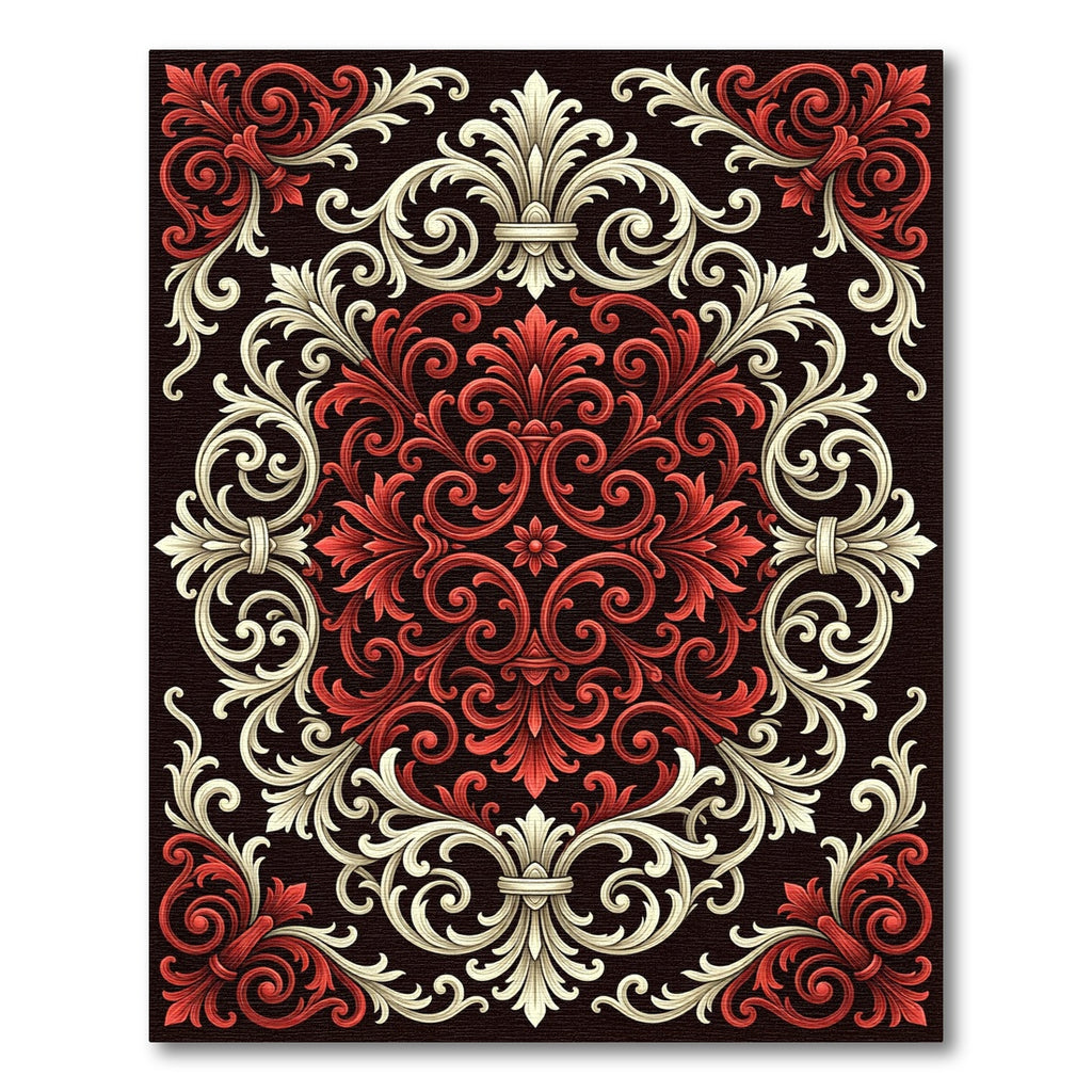 Baroque Crimson and Cream Damask Accents Rug