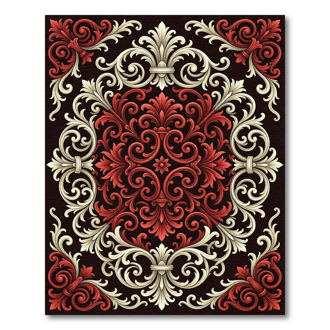 Baroque Crimson and Cream Damask Accents Rug