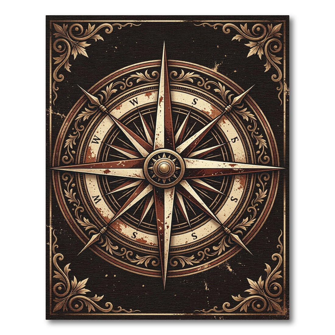 Antique Gold Compass Nautical Mural Rug