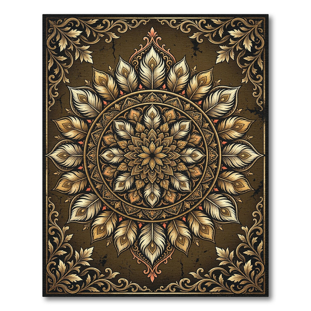 Gilded Feathered Mandala Bronze Medallion Rug