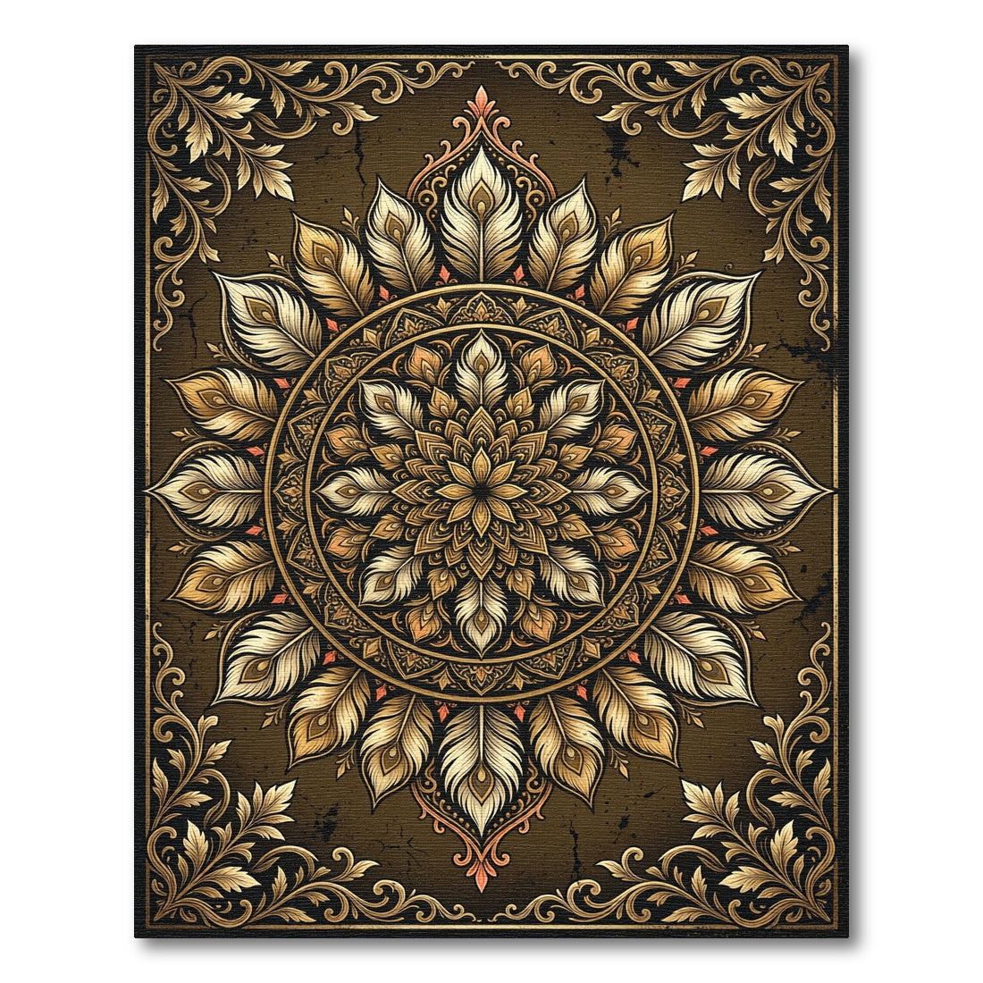 Gilded Feathered Mandala Bronze Medallion Rug