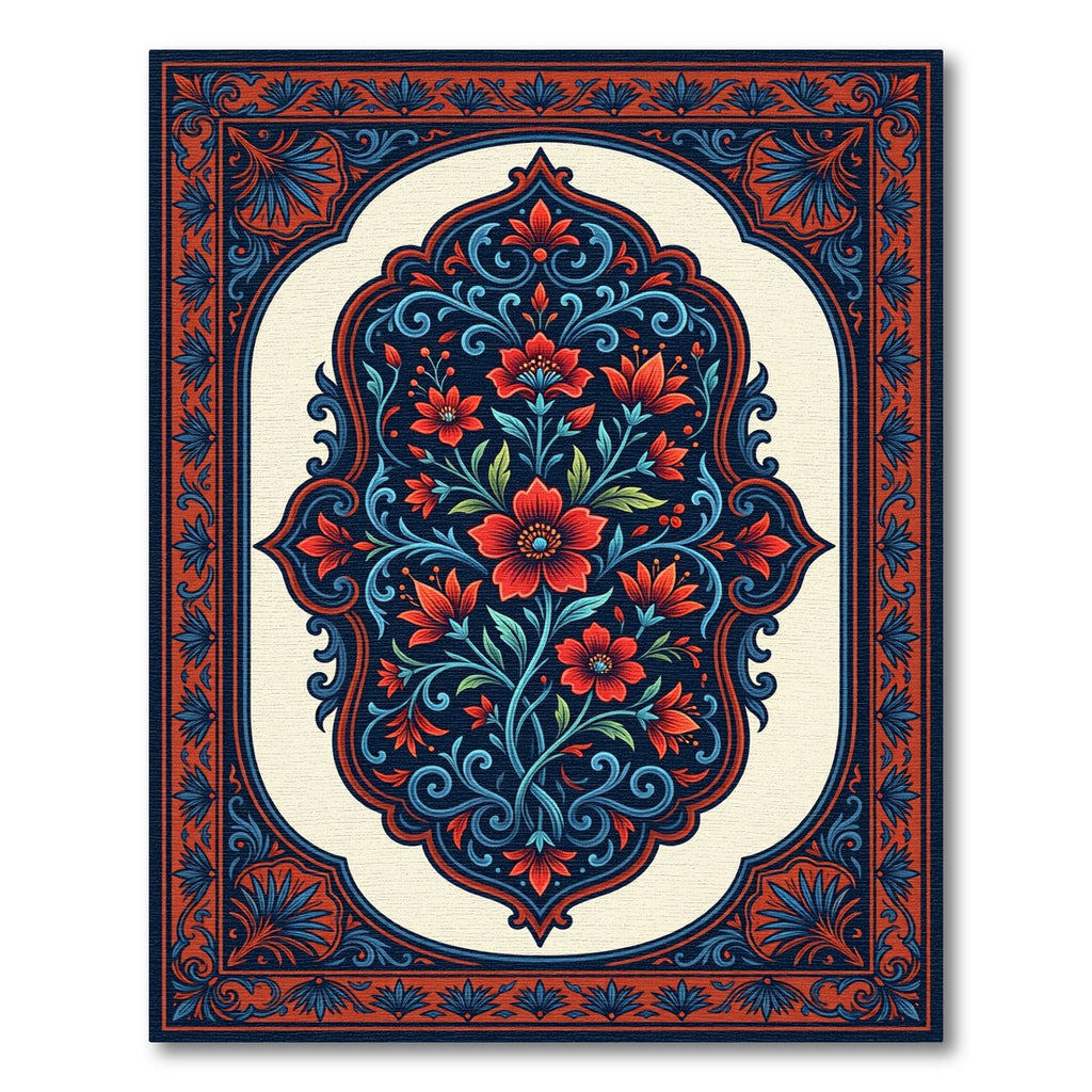 Crimson Red Blue Floral Medallion Rug