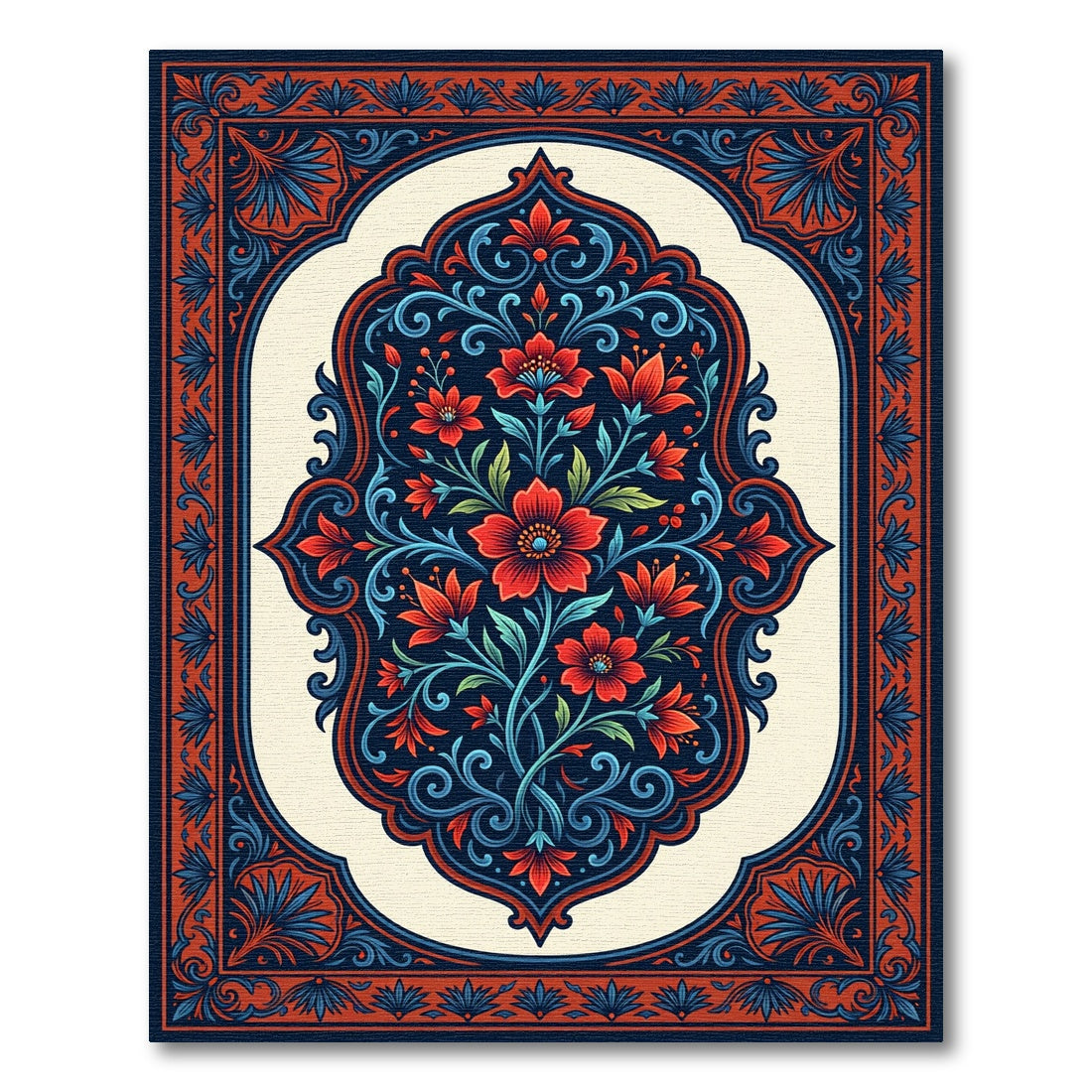 Crimson Red Blue Floral Medallion Rug