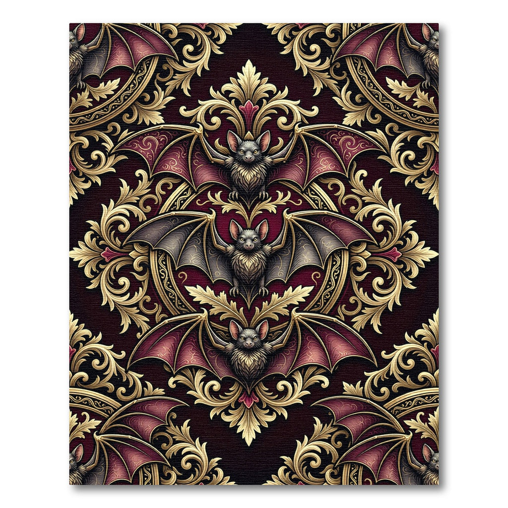 Gothic Bat Filigree Damask Burgundy Gold Rug