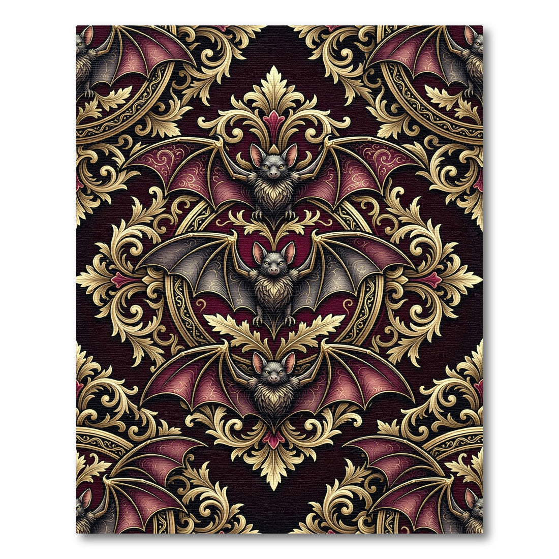 Gothic Bat Filigree Damask Burgundy Gold Rug